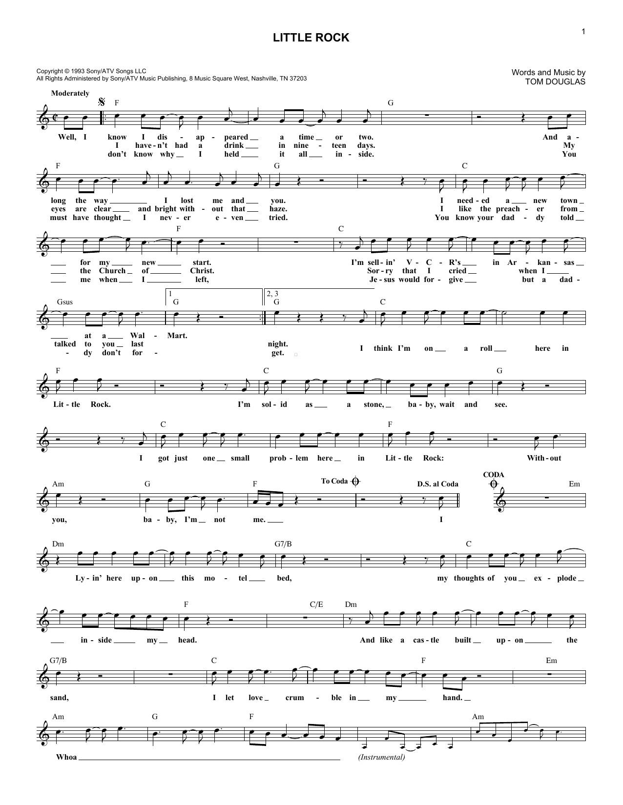 Download Collin Raye Little Rock Sheet Music and learn how to play Melody Line, Lyrics & Chords PDF digital score in minutes