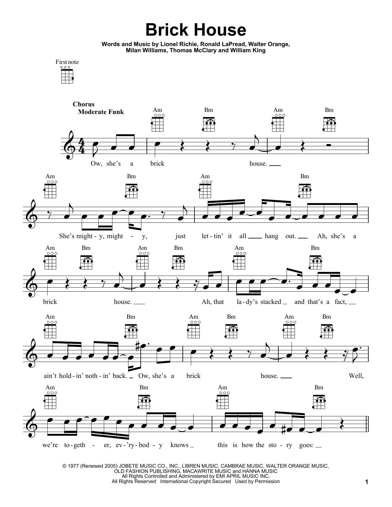 Download Commodores Brick House Sheet Music and learn how to play Very Easy Piano PDF digital score in minutes