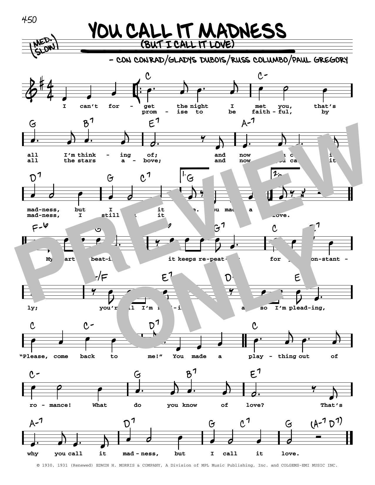 Download Con Conrad You Call It Madness (But I Call It Love) (High Voice) Sheet Music and learn how to play Real Book – Melody, Lyrics & Chords PDF digital score in minutes