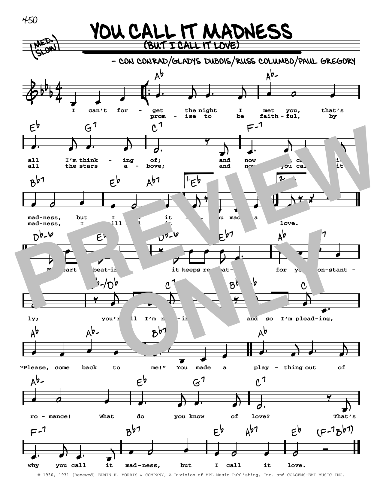 Download Con Conrad You Call It Madness (But I Call It Love) (Low Voice) Sheet Music and learn how to play Real Book – Melody, Lyrics & Chords PDF digital score in minutes