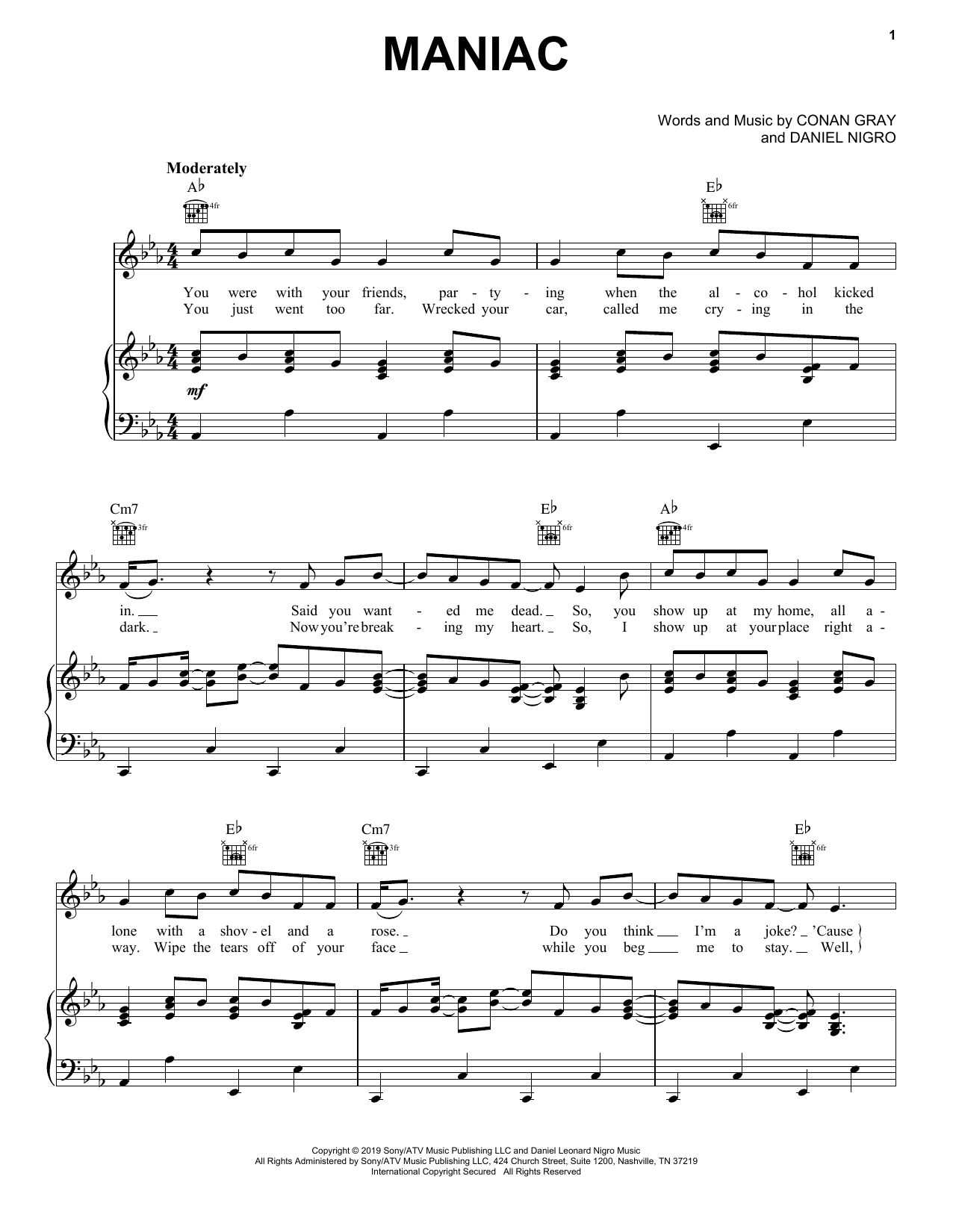 Download Conan Gray Maniac Sheet Music and learn how to play Piano, Vocal & Guitar Chords (Right-Hand Melody) PDF digital score in minutes