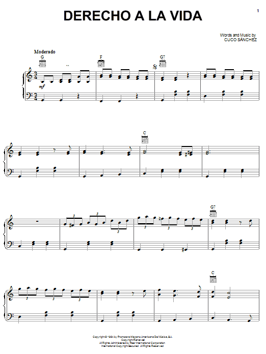 Download Conjunto Primavera Derecho A La Vida Sheet Music and learn how to play Piano, Vocal & Guitar (Right-Hand Melody) PDF digital score in minutes