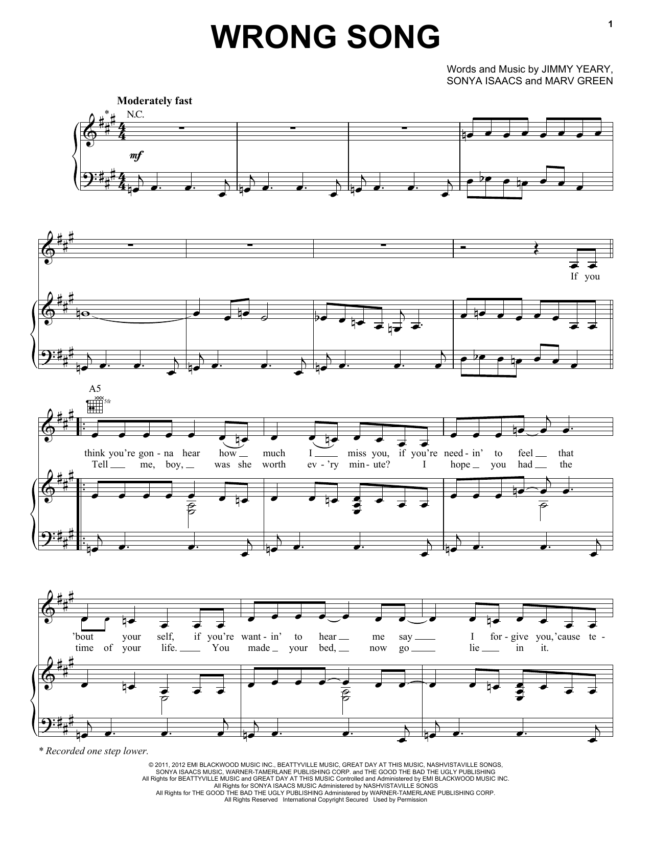 Download Connie Britton and Hayden Panettiere Wrong Song (from the TV series 'Nashville') Sheet Music and learn how to play Piano, Vocal & Guitar (Right-Hand Melody) PDF digital score in minutes