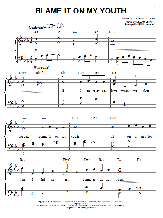 Download Connie Francis Blame It On My Youth Sheet Music and learn how to play Easy Piano PDF digital score in minutes