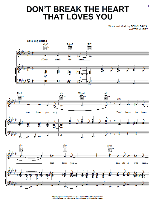 Download Connie Francis Don't Break The Heart That Loves You Sheet Music and learn how to play Piano, Vocal & Guitar (Right-Hand Melody) PDF digital score in minutes