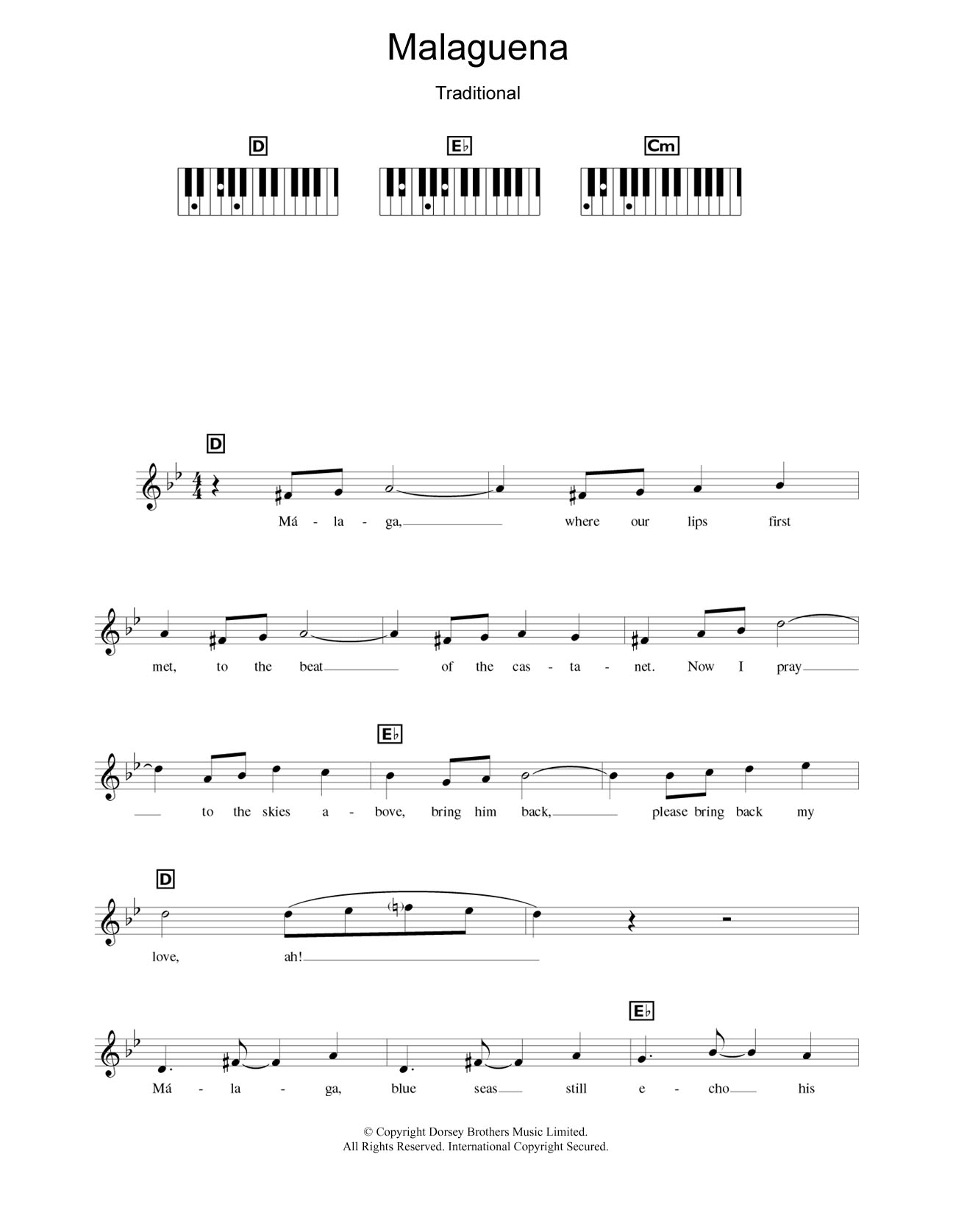 Download Connie Francis Malaguena Sheet Music and learn how to play Piano Chords/Lyrics PDF digital score in minutes