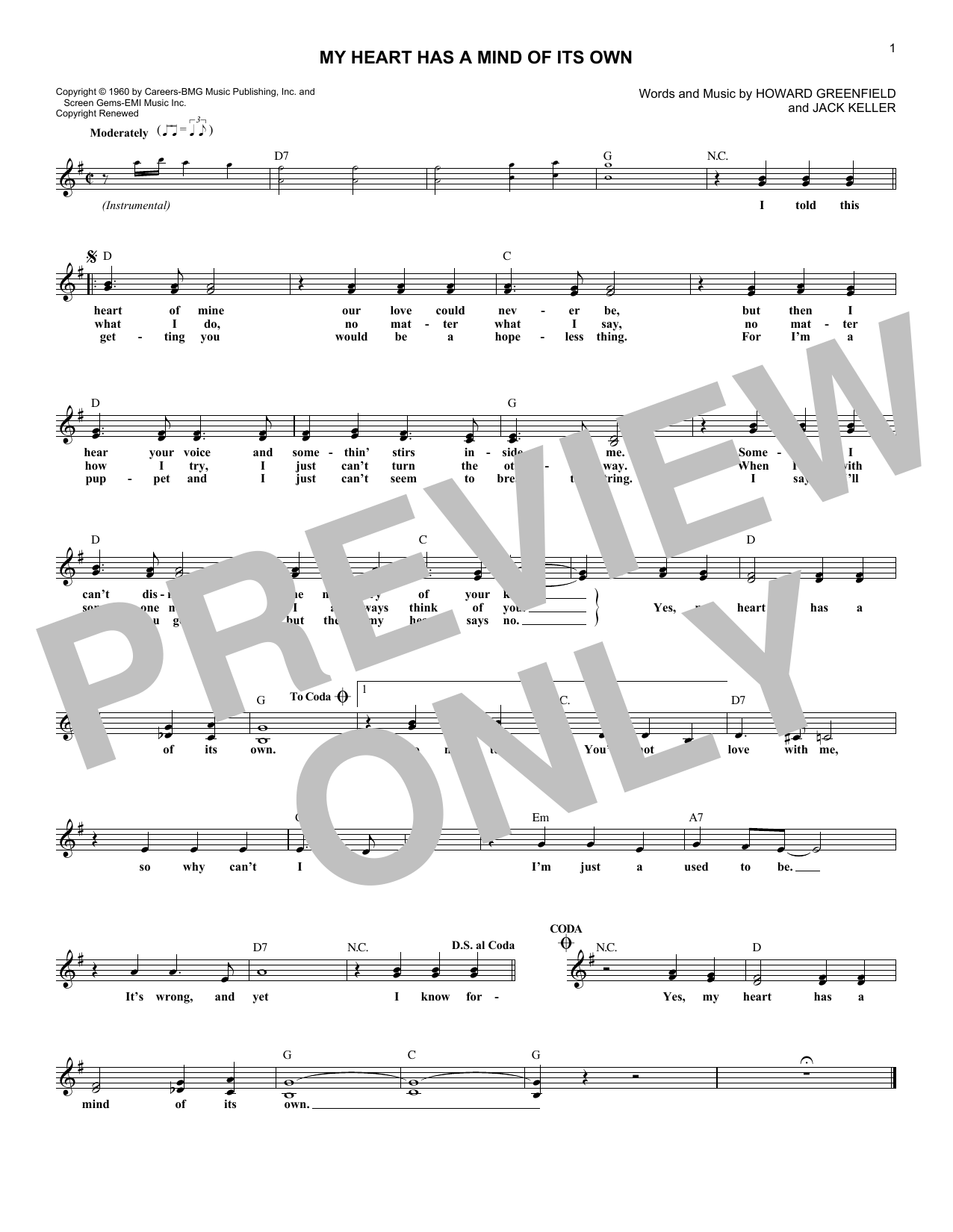 Download Connie Francis My Heart Has A Mind Of Its Own Sheet Music and learn how to play Melody Line, Lyrics & Chords PDF digital score in minutes