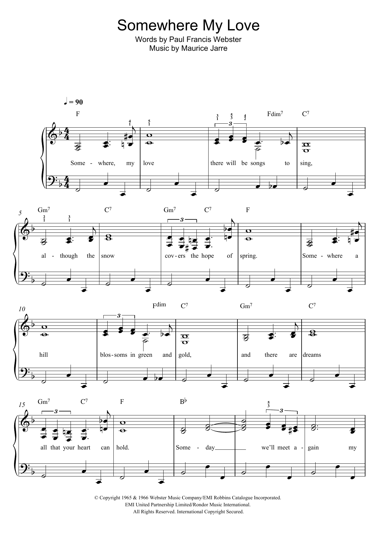 Download Connie Francis Somewhere My Love (Lara's Theme) Sheet Music and learn how to play Easy Piano PDF digital score in minutes