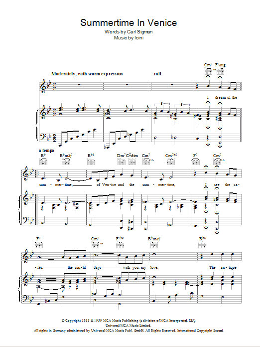 Download Connie Francis Summertime In Venice Sheet Music and learn how to play Piano, Vocal & Guitar (Right-Hand Melody) PDF digital score in minutes