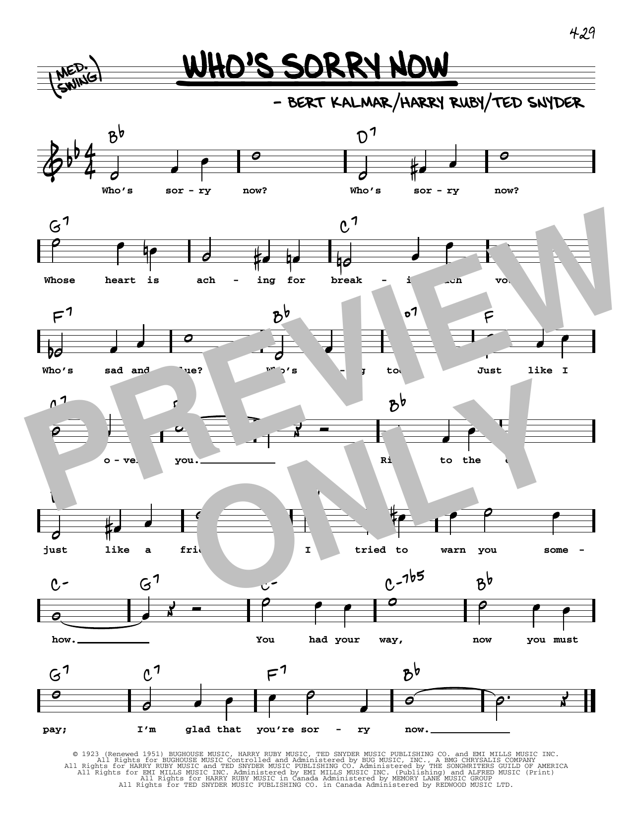 Download Connie Francis Who's Sorry Now (High Voice) Sheet Music and learn how to play Real Book – Melody, Lyrics & Chords PDF digital score in minutes