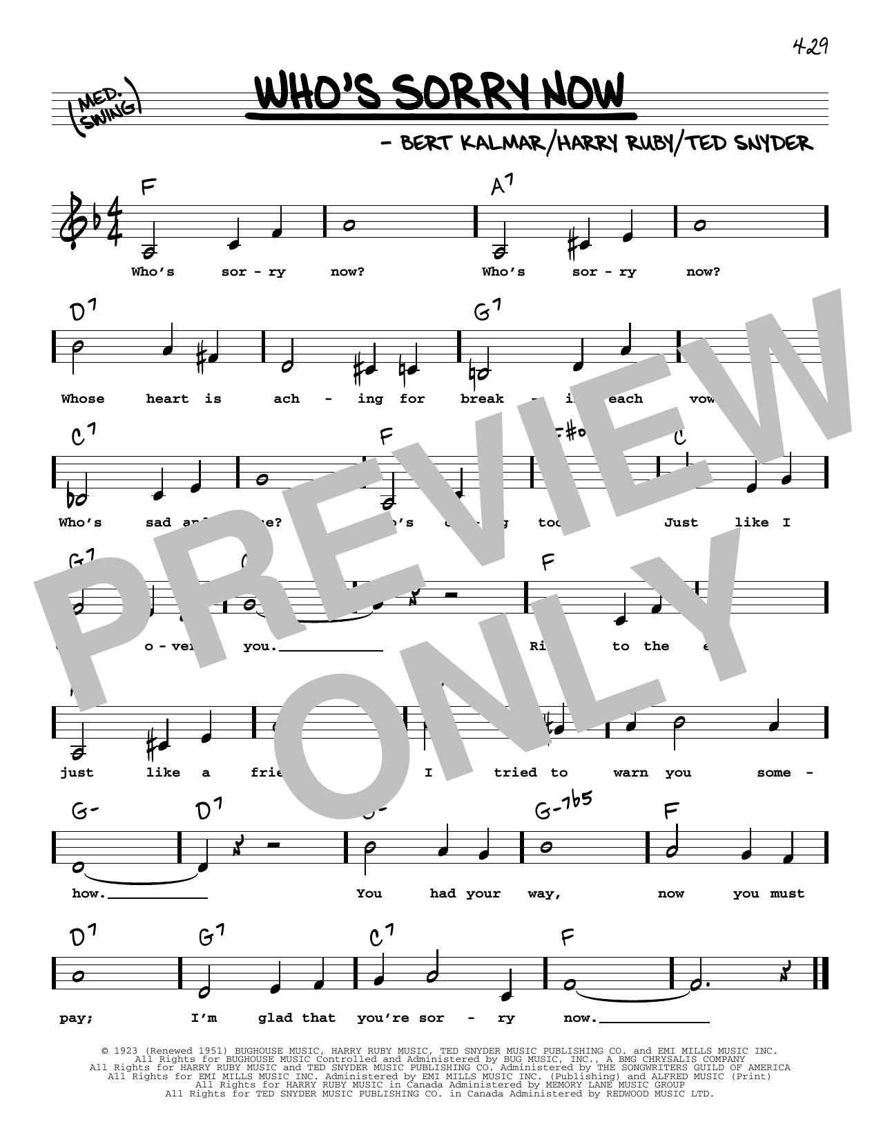 Download Connie Francis Who's Sorry Now (Low Voice) Sheet Music and learn how to play Real Book – Melody, Lyrics & Chords PDF digital score in minutes
