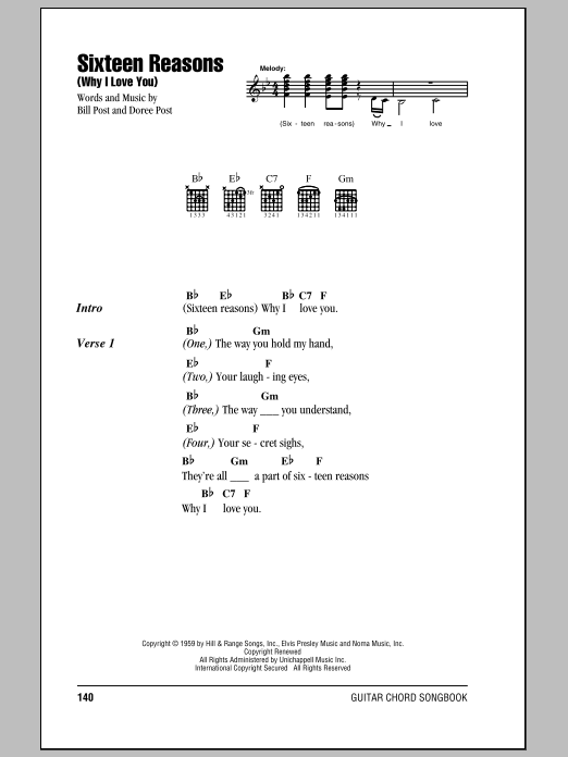 Download Connie Stevens Sixteen Reasons (Why I Love You) Sheet Music and learn how to play Lyrics & Chords PDF digital score in minutes