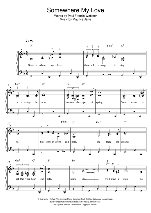 Download Connie Francis Somewhere My Love (Lara's Theme) Sheet Music and learn how to play Easy Piano PDF digital score in minutes