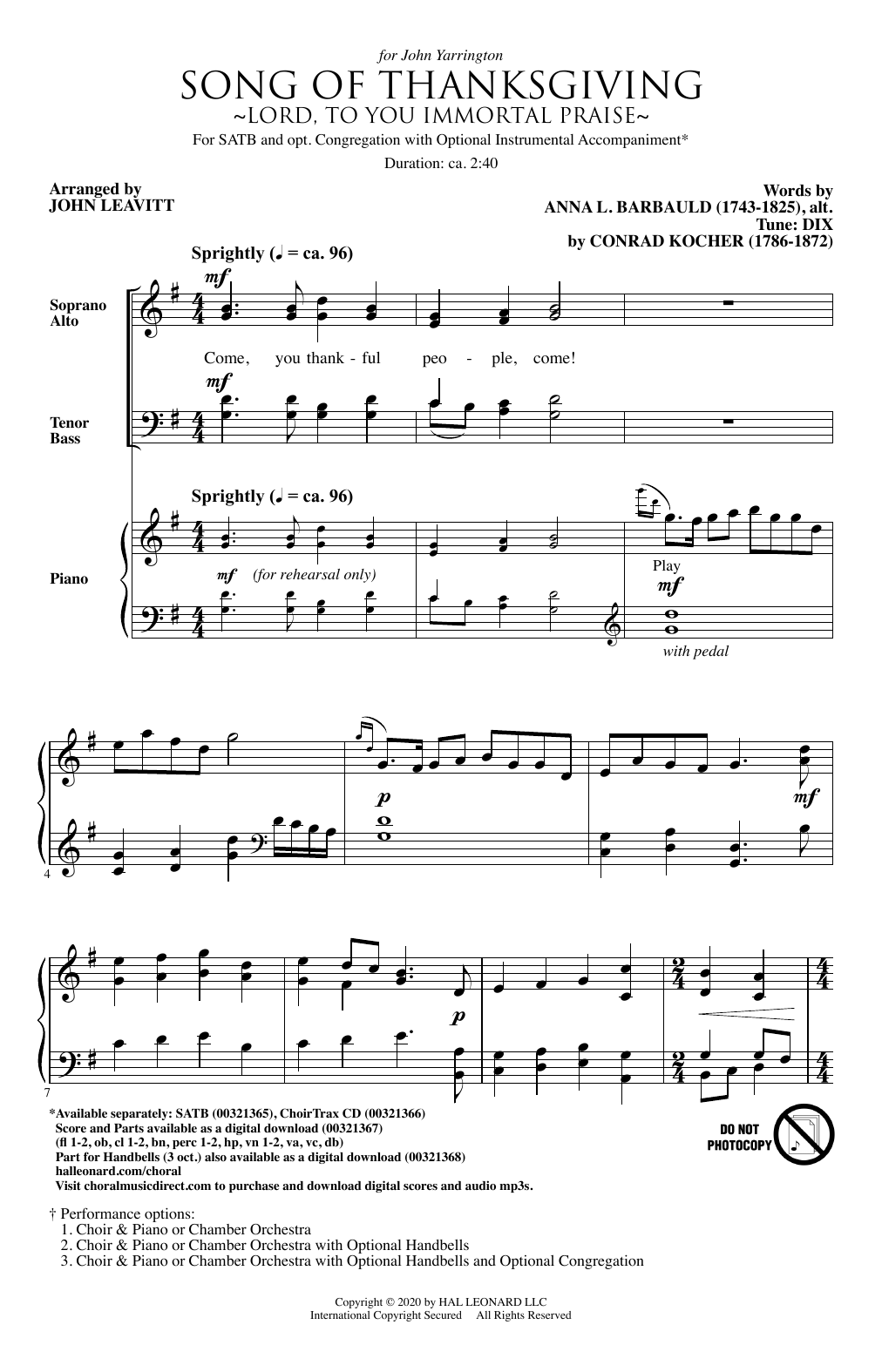 Download Conrad Kocher Song Of Thanksgiving (Lord, to You Immortal Praise) (arr. John Leavitt) Sheet Music and learn how to play SATB Choir PDF digital score in minutes