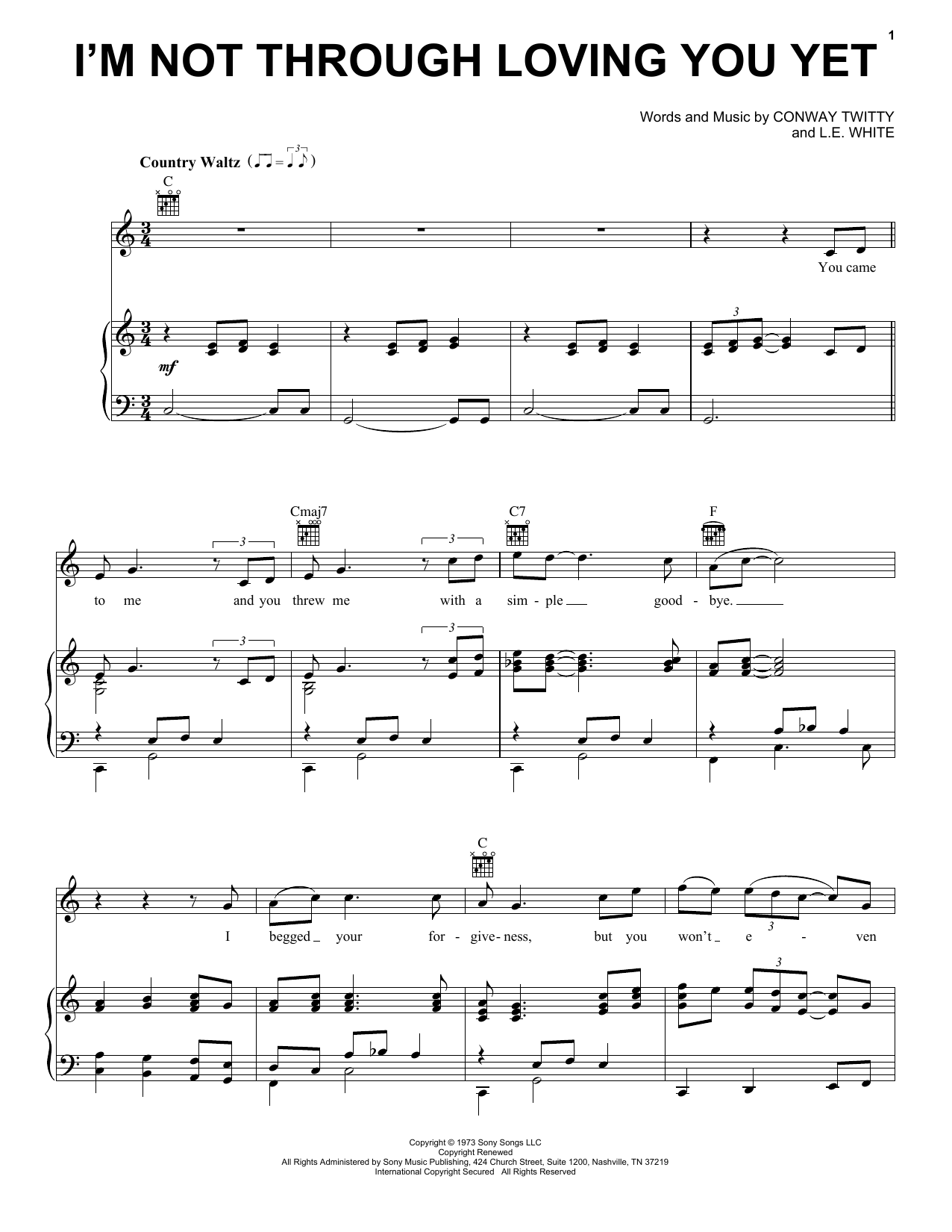 Download Conway Twitty I'm Not Through Loving You Yet Sheet Music and learn how to play Piano, Vocal & Guitar Chords (Right-Hand Melody) PDF digital score in minutes