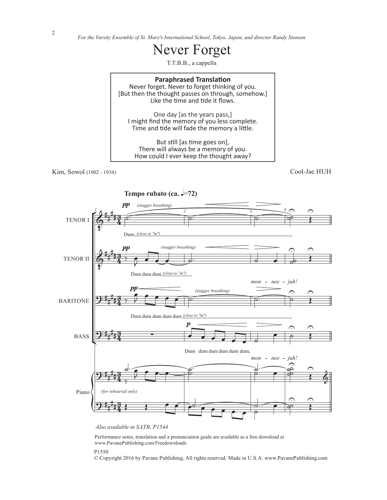 Download Cool-Jae Huh Never Forget Sheet Music and learn how to play SATB Choir PDF digital score in minutes
