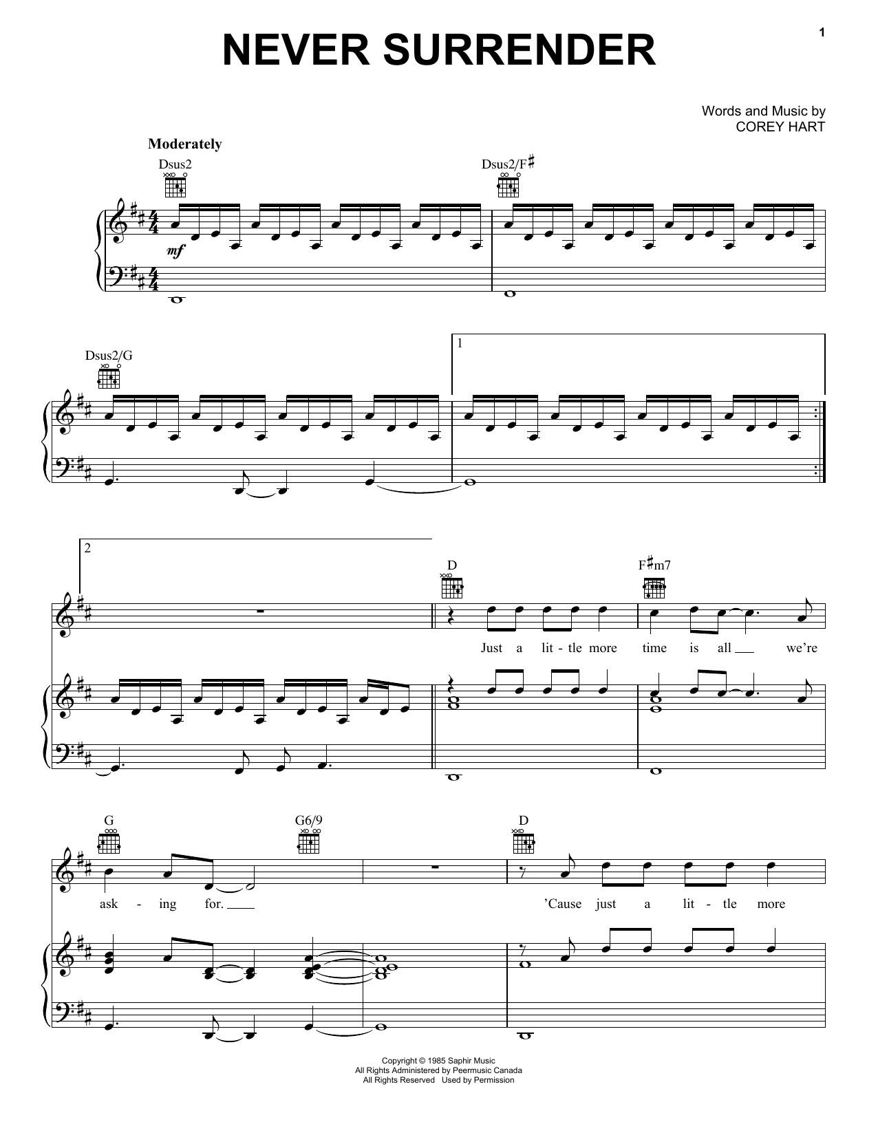 Download Corey Hart Never Surrender Sheet Music and learn how to play Piano, Vocal & Guitar Chords (Right-Hand Melody) PDF digital score in minutes