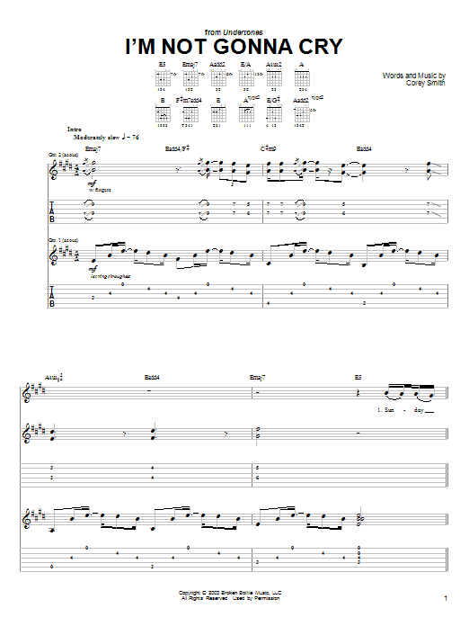 Download Corey Smith I'm Not Gonna Cry Sheet Music and learn how to play Guitar Tab PDF digital score in minutes