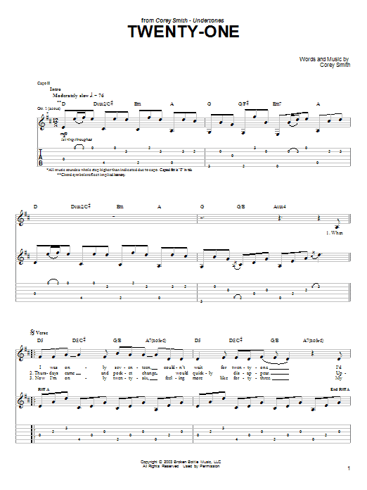 Download Corey Smith Twenty-One Sheet Music and learn how to play Guitar Tab PDF digital score in minutes