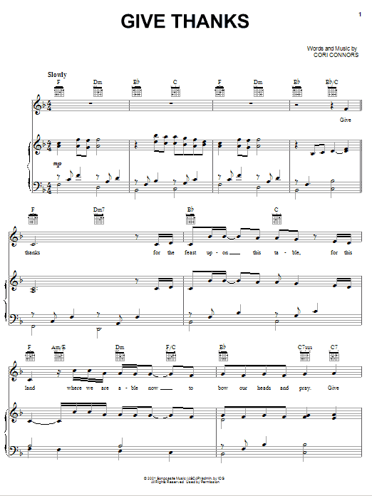 Download Cori Connors Give Thanks Sheet Music and learn how to play Piano, Vocal & Guitar (Right-Hand Melody) PDF digital score in minutes