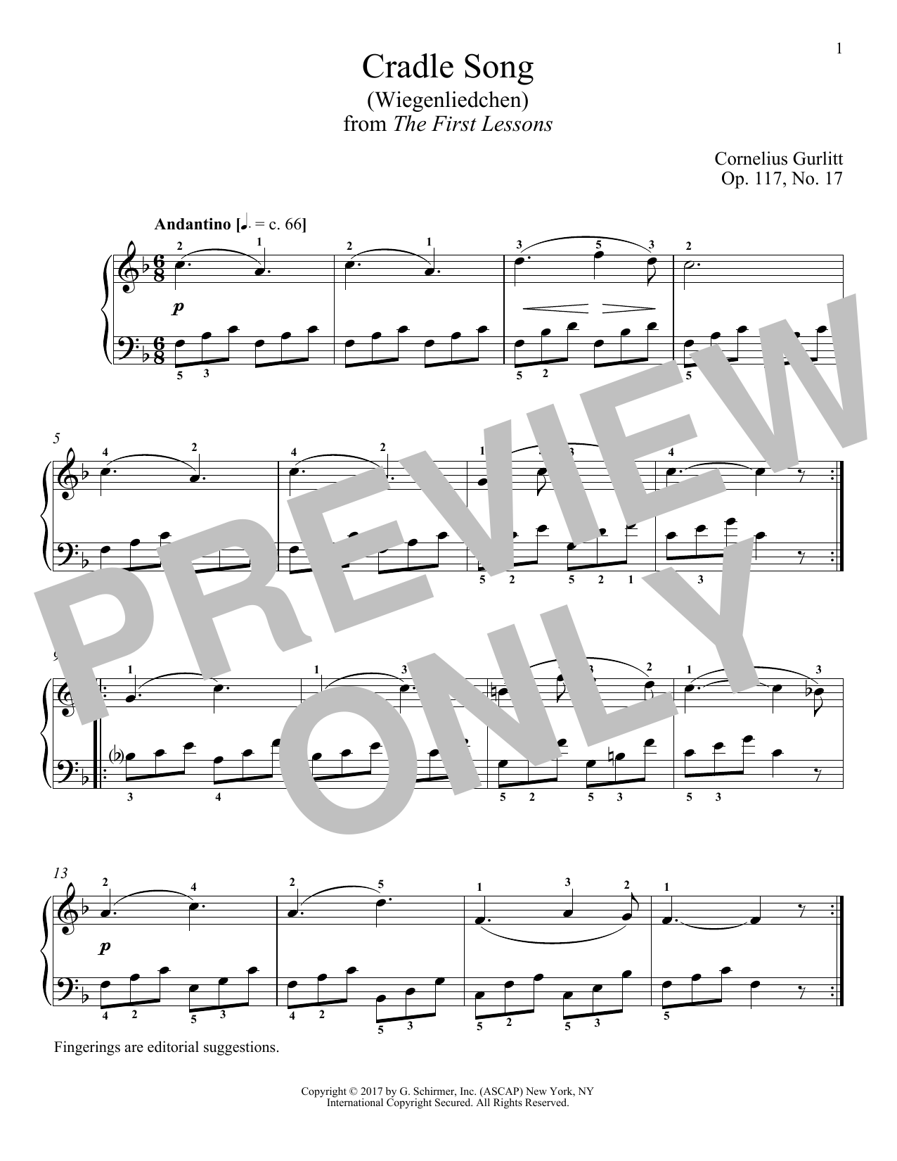 Download Cornelius Gurlitt Cradle Song (Wiegenliedchen), Op. 117, No. 17 Sheet Music and learn how to play Piano PDF digital score in minutes