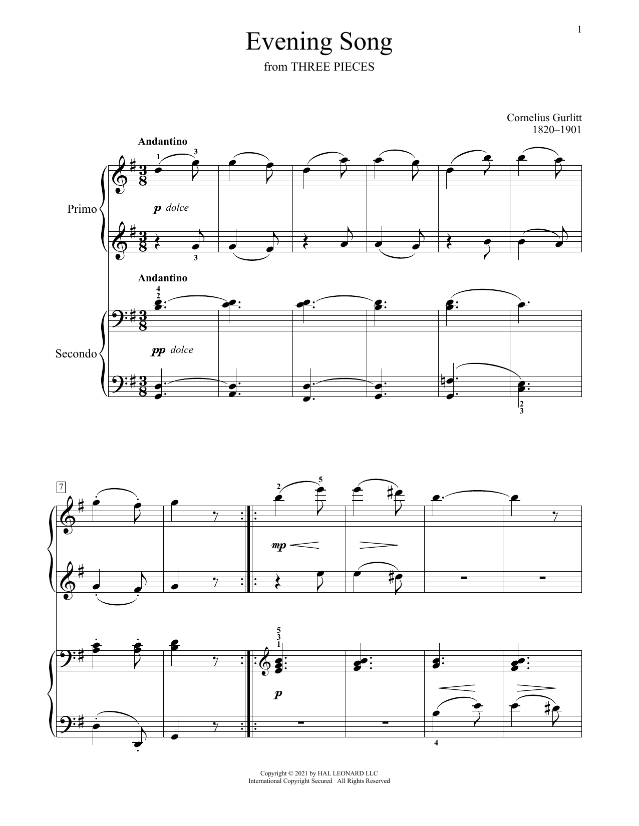 Download Cornelius Gurlitt Evening Song (From Three Pieces) Sheet Music and learn how to play Piano Duet PDF digital score in minutes