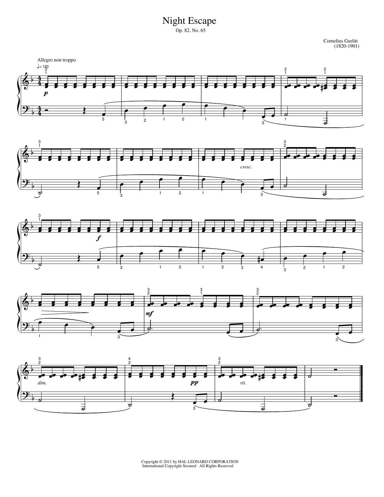 Download Cornelius Gurlitt Night Escape Sheet Music and learn how to play Easy Piano PDF digital score in minutes