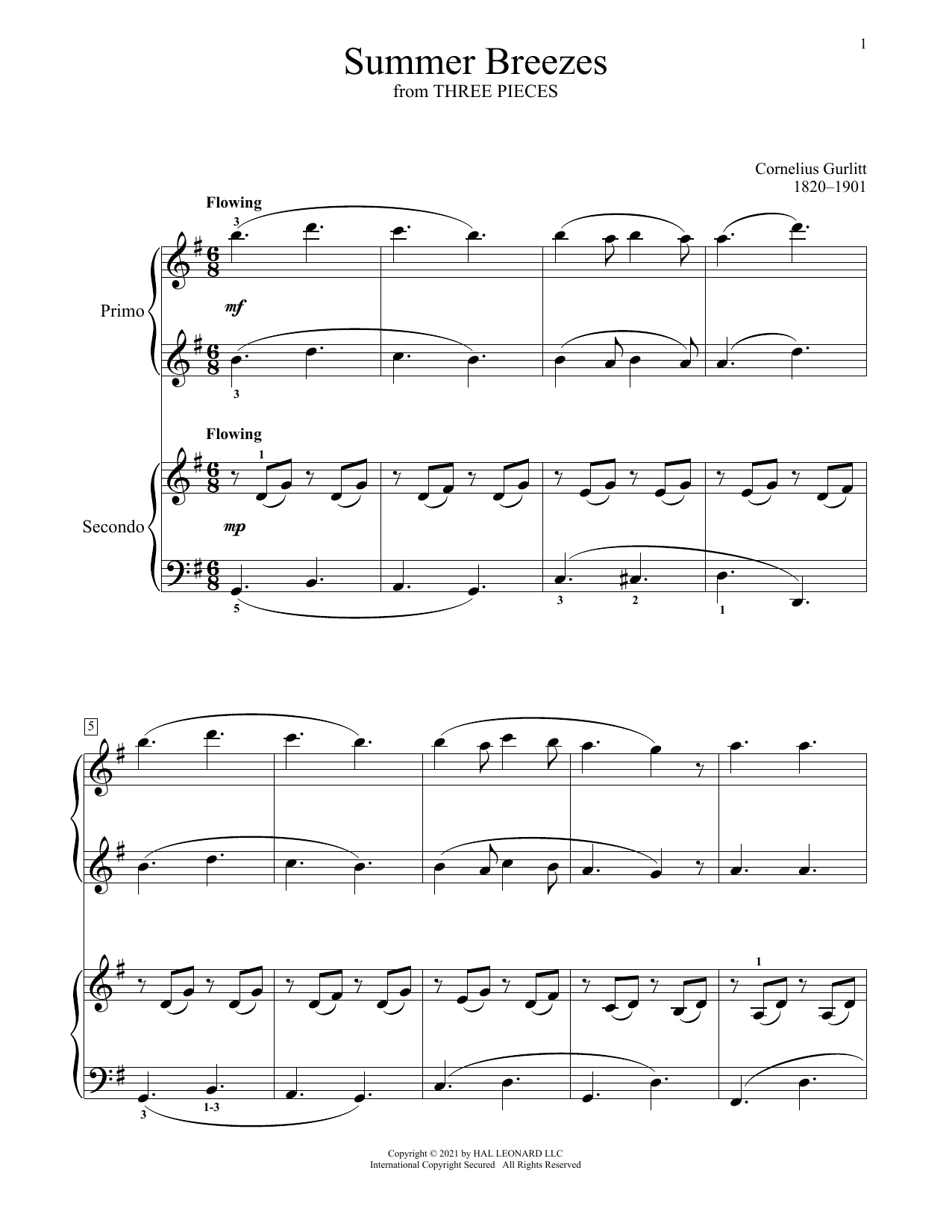 Download Cornelius Gurlitt Summer Breezes (From Three Pieces) Sheet Music and learn how to play Piano Duet PDF digital score in minutes