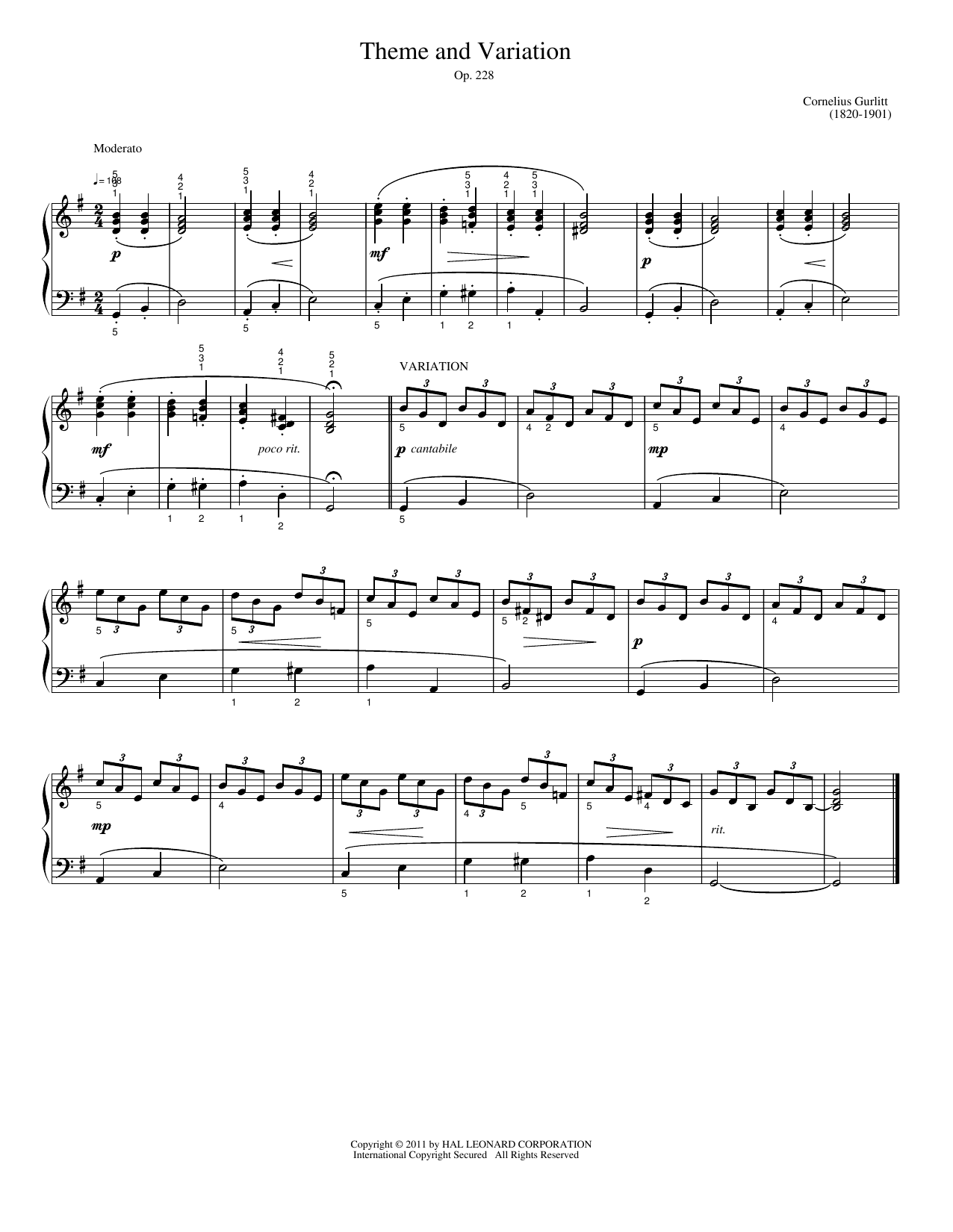 Download Cornelius Gurlitt Theme and Variation Sheet Music and learn how to play Easy Piano PDF digital score in minutes