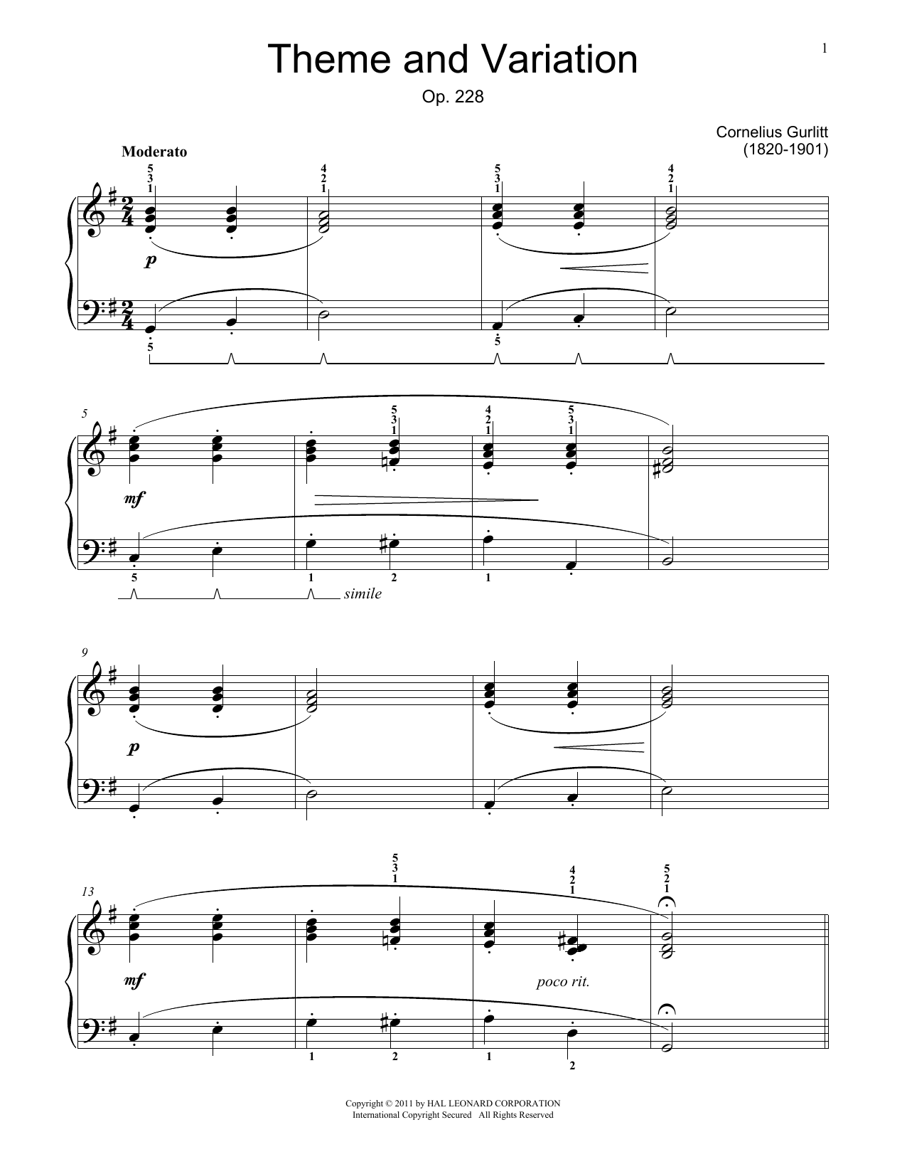 Download Cornelius Gurlitt Theme And Variations, Op. 228 Sheet Music and learn how to play Educational Piano PDF digital score in minutes