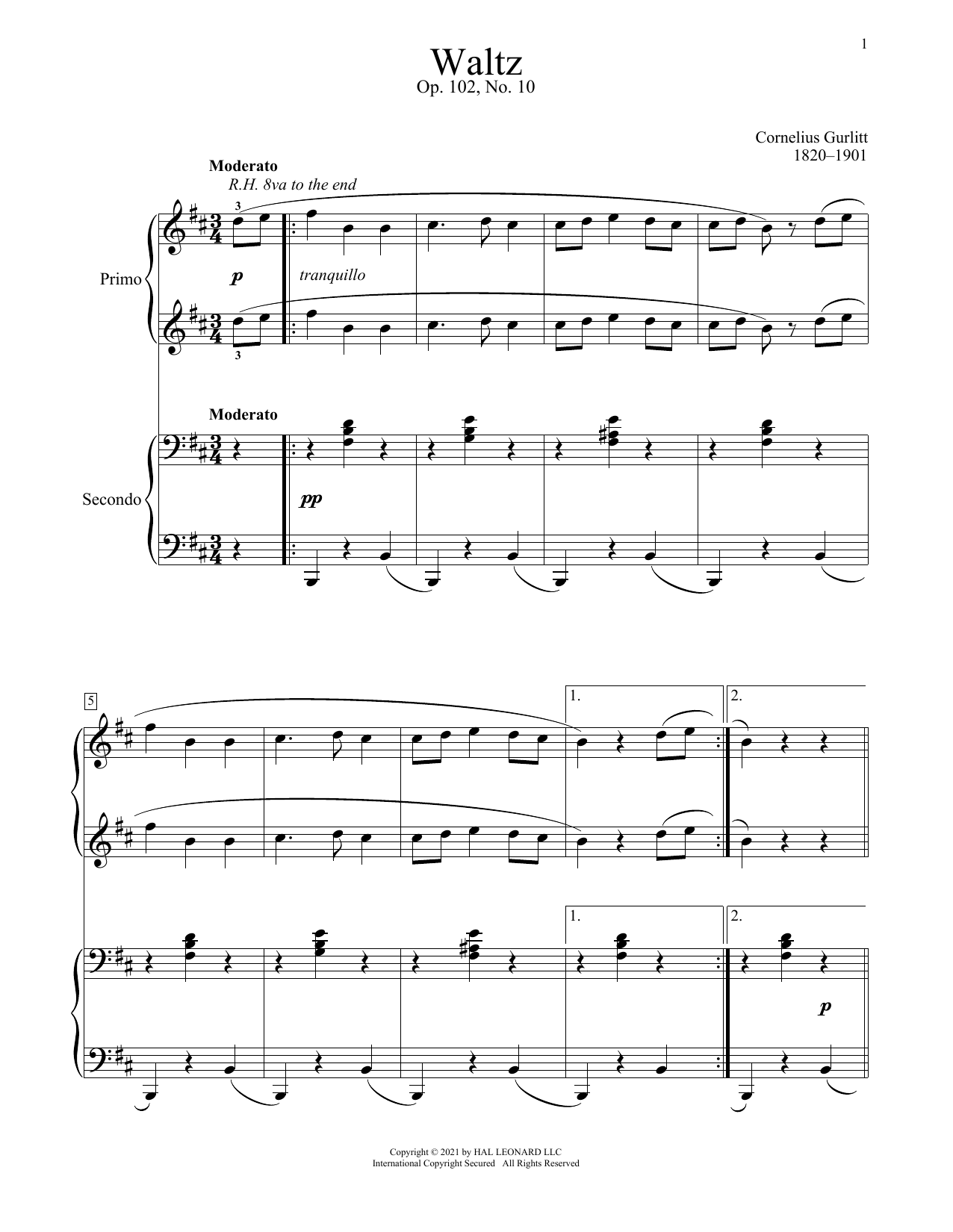 Download Cornelius Gurlitt Waltz, Op. 102, No. 10 Sheet Music and learn how to play Piano Duet PDF digital score in minutes