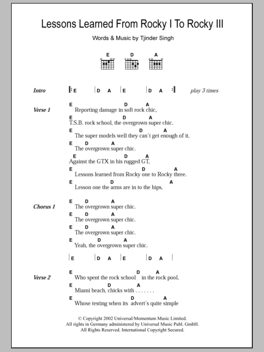 Download Cornershop Lessons Learned From Rocky I To Rocky III Sheet Music and learn how to play Lyrics & Chords PDF digital score in minutes