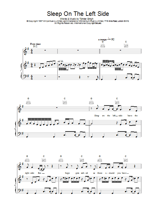 Download Cornershop Sleep On The Left Side Sheet Music and learn how to play Piano, Vocal & Guitar PDF digital score in minutes