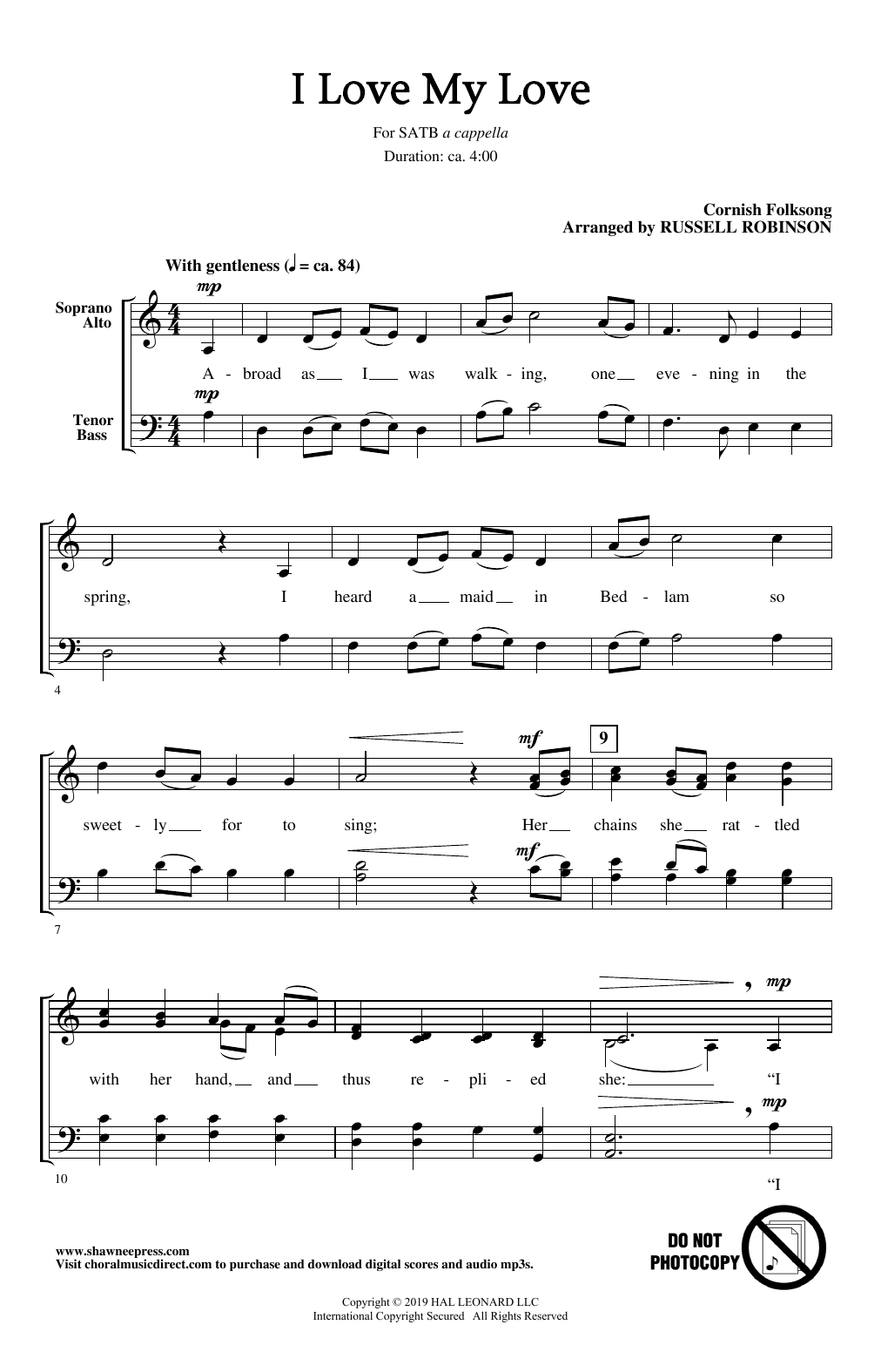Download Cornish Folksong I Love My Love (arr. Russell Robinson) Sheet Music and learn how to play SATB Choir PDF digital score in minutes
