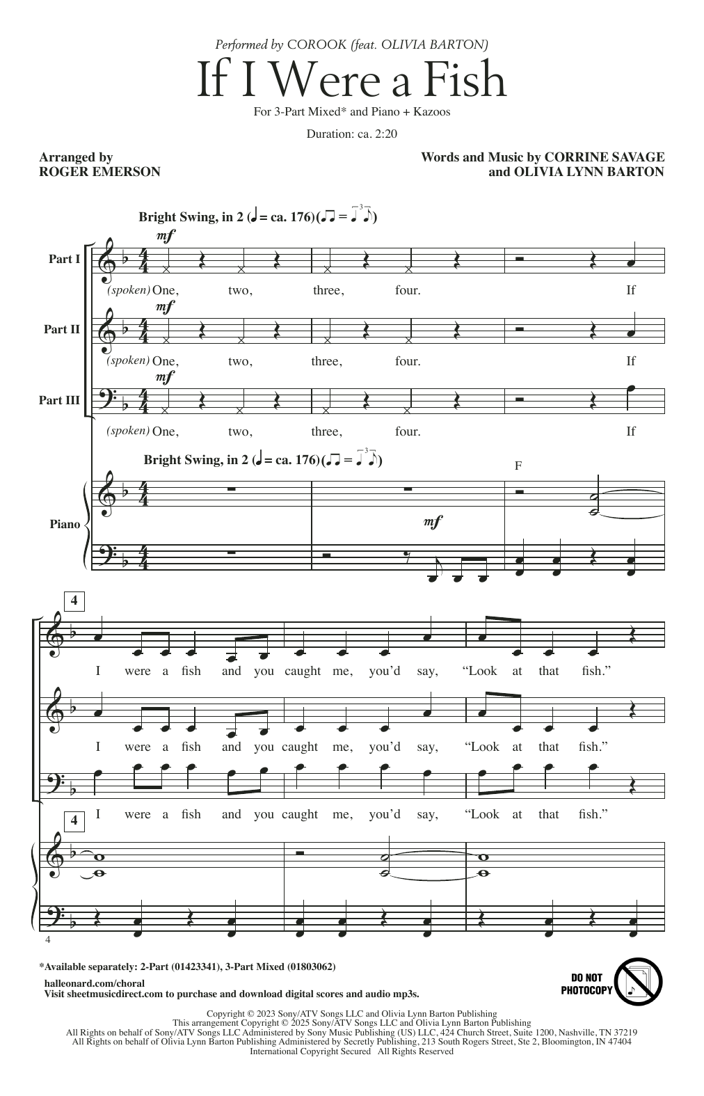 Download Corook If I Were A Fish (arr. Roger Emerson) Sheet Music and learn how to play 3-Part Mixed Choir PDF digital score in minutes