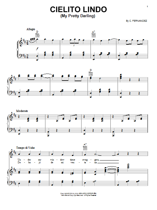 Download Carlos Fernandez Cielito Lindo (My Pretty Darling) Sheet Music and learn how to play Piano, Vocal & Guitar (Right-Hand Melody) PDF digital score in minutes