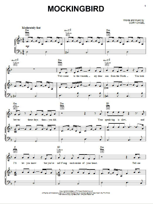 Download Cory Chisel And The Wandering Sons Mockingbird Sheet Music and learn how to play Piano, Vocal & Guitar (Right-Hand Melody) PDF digital score in minutes