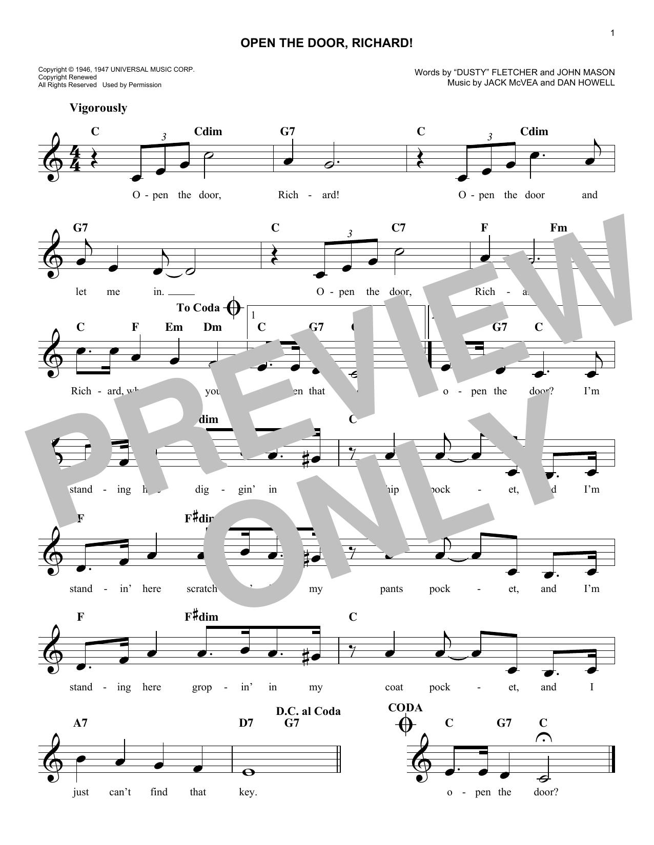 Download Count Basie and His Orchestra Open The Door, Richard! Sheet Music and learn how to play Melody Line, Lyrics & Chords PDF digital score in minutes