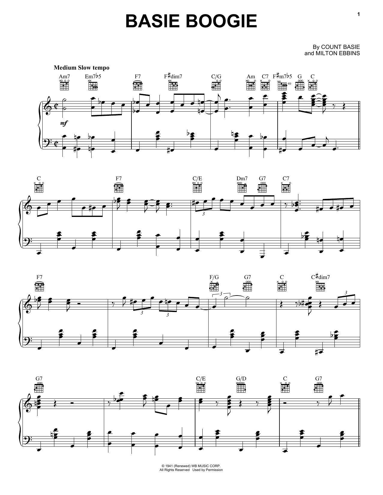 Download Count Basie Basie Boogie Sheet Music and learn how to play Piano, Vocal & Guitar (Right-Hand Melody) PDF digital score in minutes