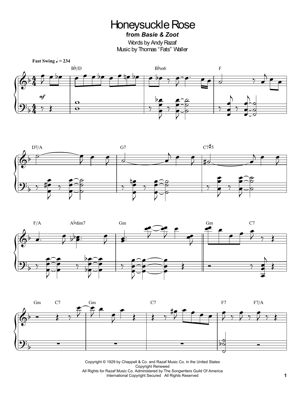 Download Count Basie Honeysuckle Rose Sheet Music and learn how to play Piano Transcription PDF digital score in minutes