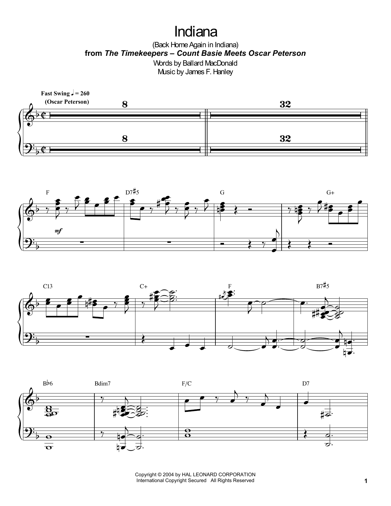 Download Count Basie Indiana (Back Home Again In Indiana) Sheet Music and learn how to play Piano Transcription PDF digital score in minutes
