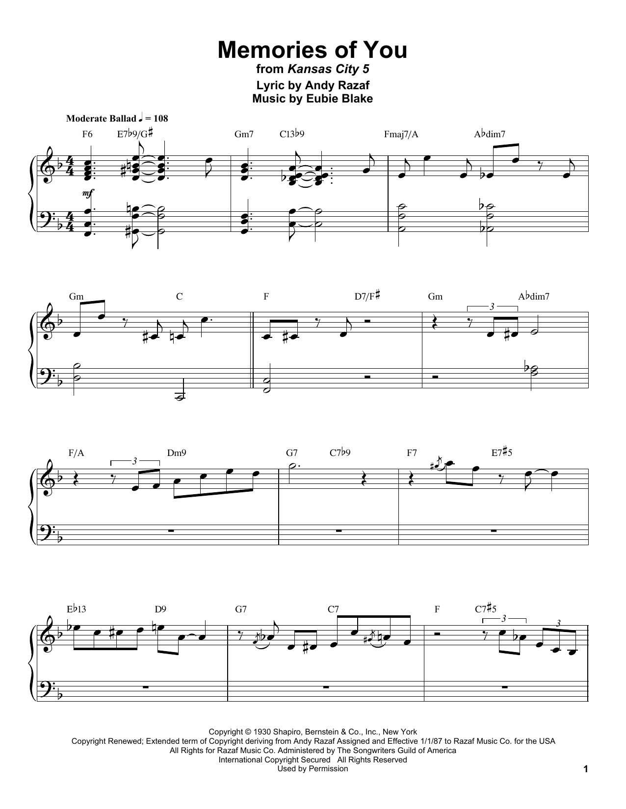 Download Count Basie Memories Of You Sheet Music and learn how to play Piano Transcription PDF digital score in minutes