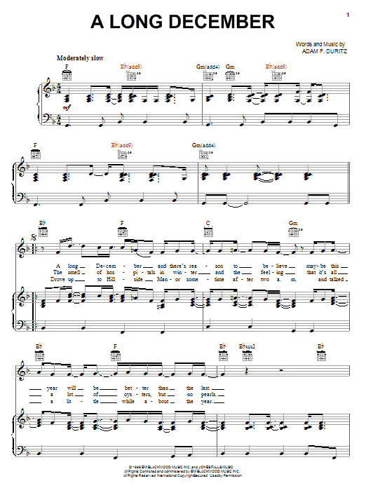 Download Counting Crows A Long December Sheet Music and learn how to play Piano, Vocal & Guitar (Right-Hand Melody) PDF digital score in minutes