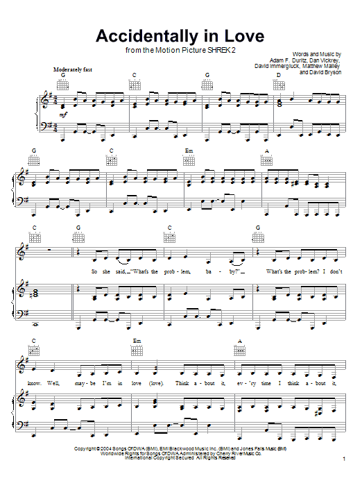 Download Counting Crows Accidentally In Love Sheet Music and learn how to play 5-Finger Piano PDF digital score in minutes