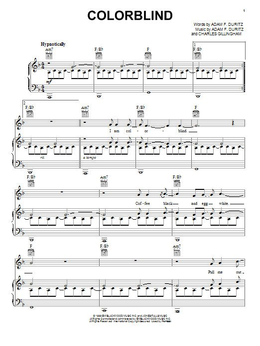 Download Counting Crows Colorblind Sheet Music and learn how to play Piano, Vocal & Guitar (Right-Hand Melody) PDF digital score in minutes