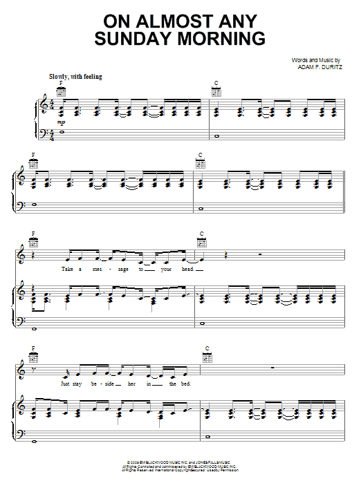 Download Counting Crows On Almost Any Sunday Morning Sheet Music and learn how to play Piano, Vocal & Guitar (Right-Hand Melody) PDF digital score in minutes
