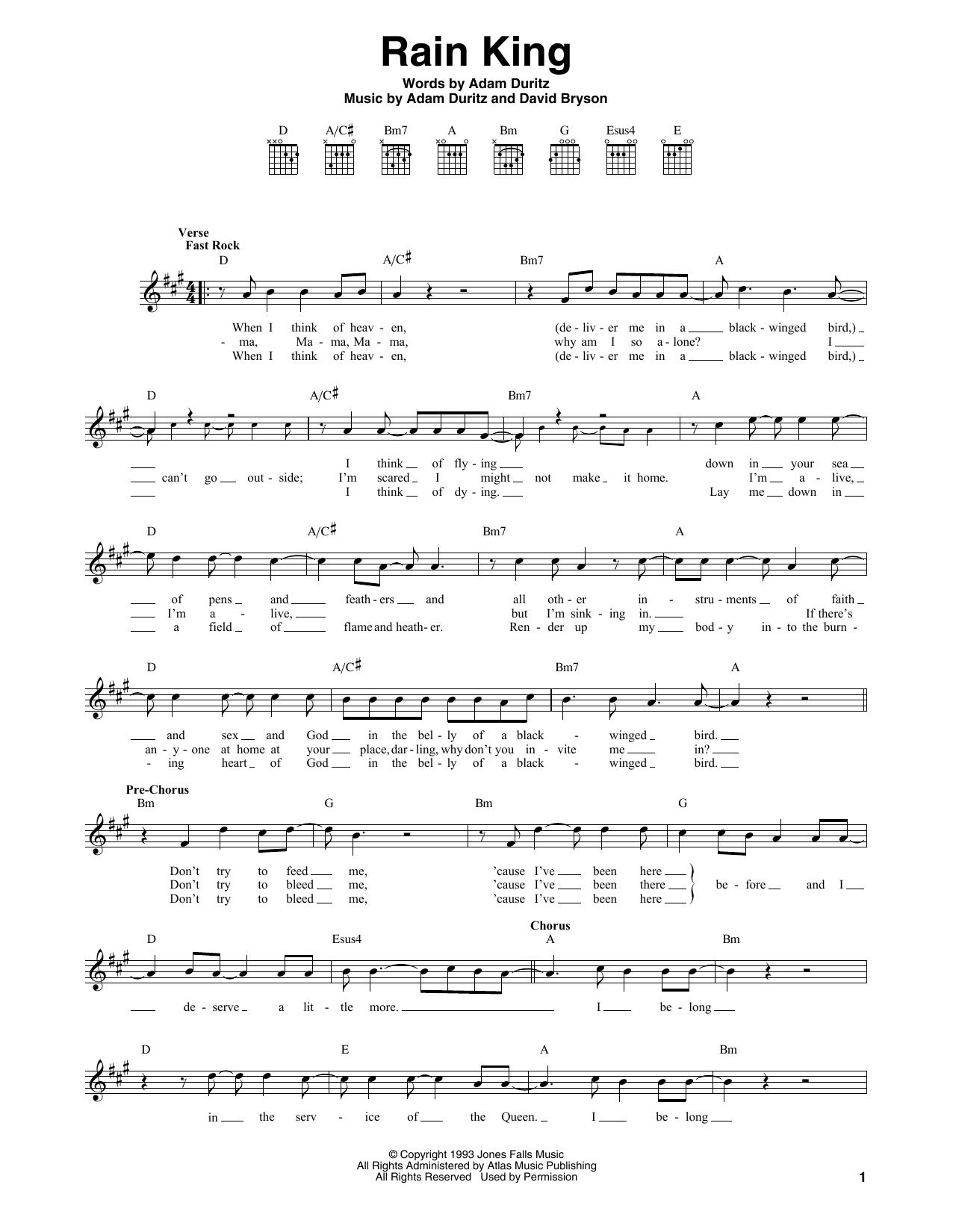 Download Counting Crows Rain King Sheet Music and learn how to play Melody Line, Lyrics & Chords PDF digital score in minutes