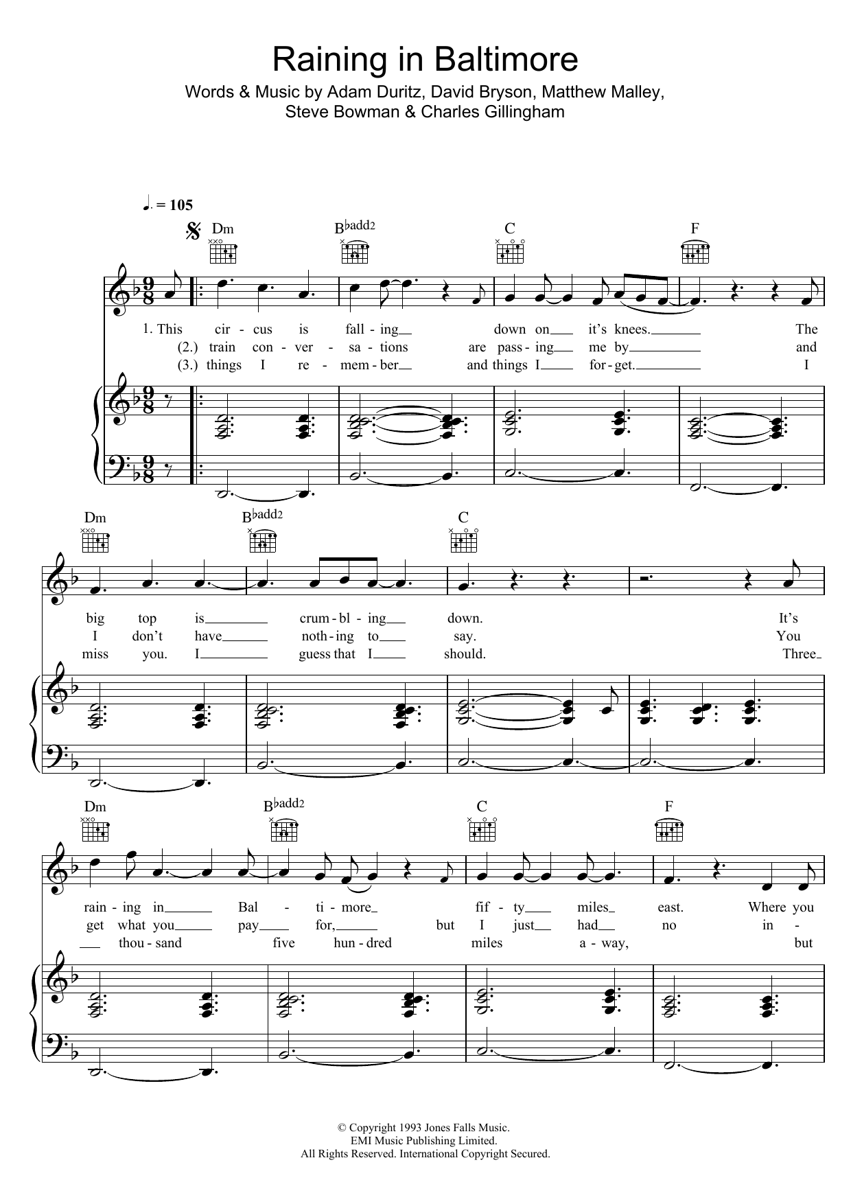 Download Counting Crows Raining In Baltimore Sheet Music and learn how to play Piano, Vocal & Guitar PDF digital score in minutes