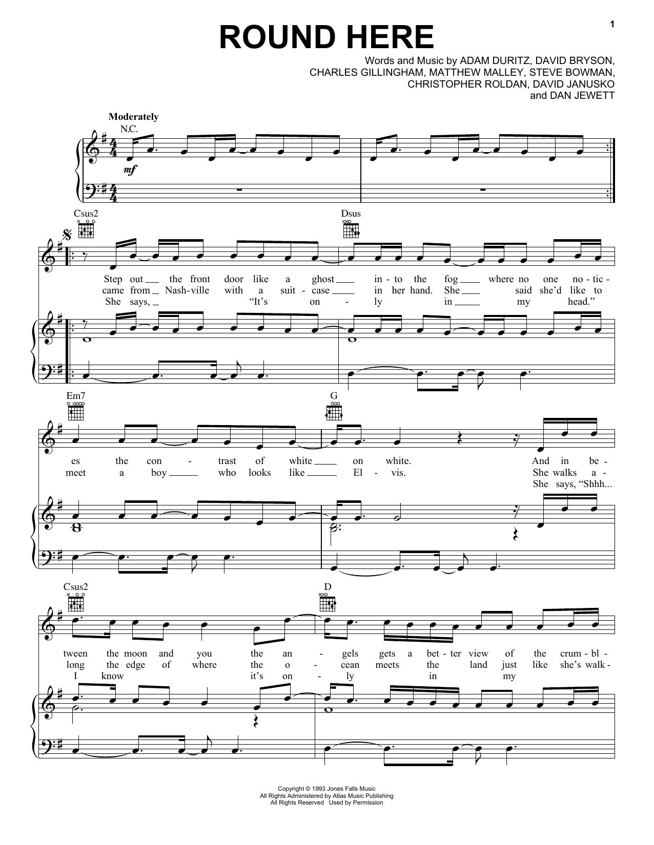Download Counting Crows Round Here Sheet Music and learn how to play Piano, Vocal & Guitar (Right-Hand Melody) PDF digital score in minutes