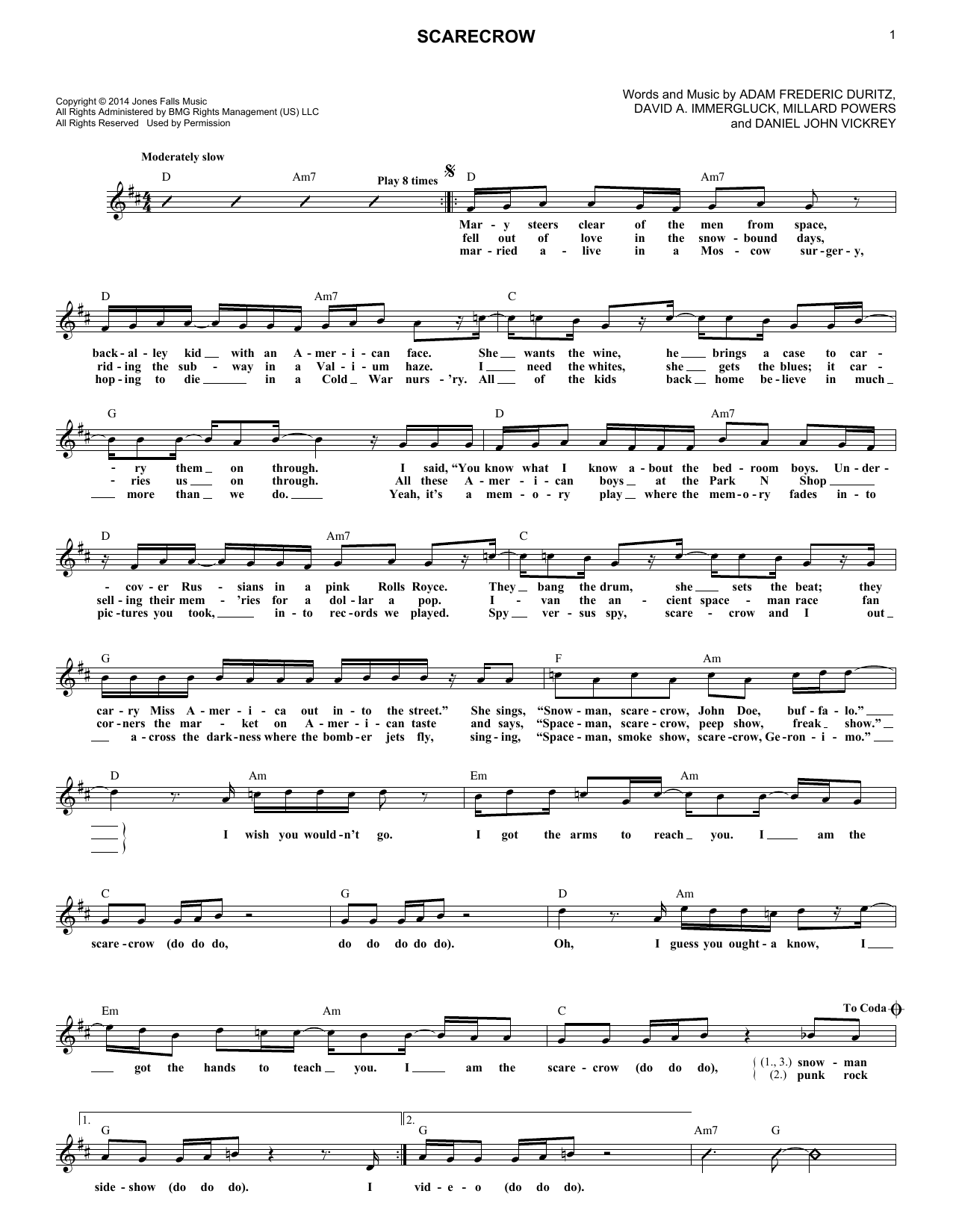 Download Counting Crows Scarecrow Sheet Music and learn how to play Melody Line, Lyrics & Chords PDF digital score in minutes